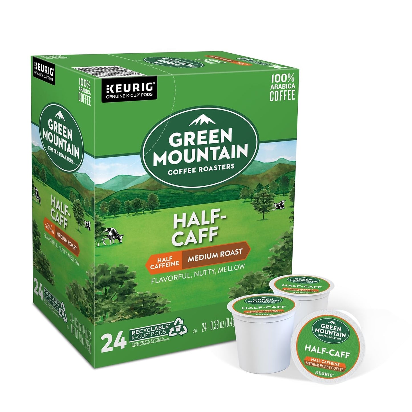Green Mountain Coffee Half-Caff, Decaf, Medium/Dark Roast Coffee, 24 count