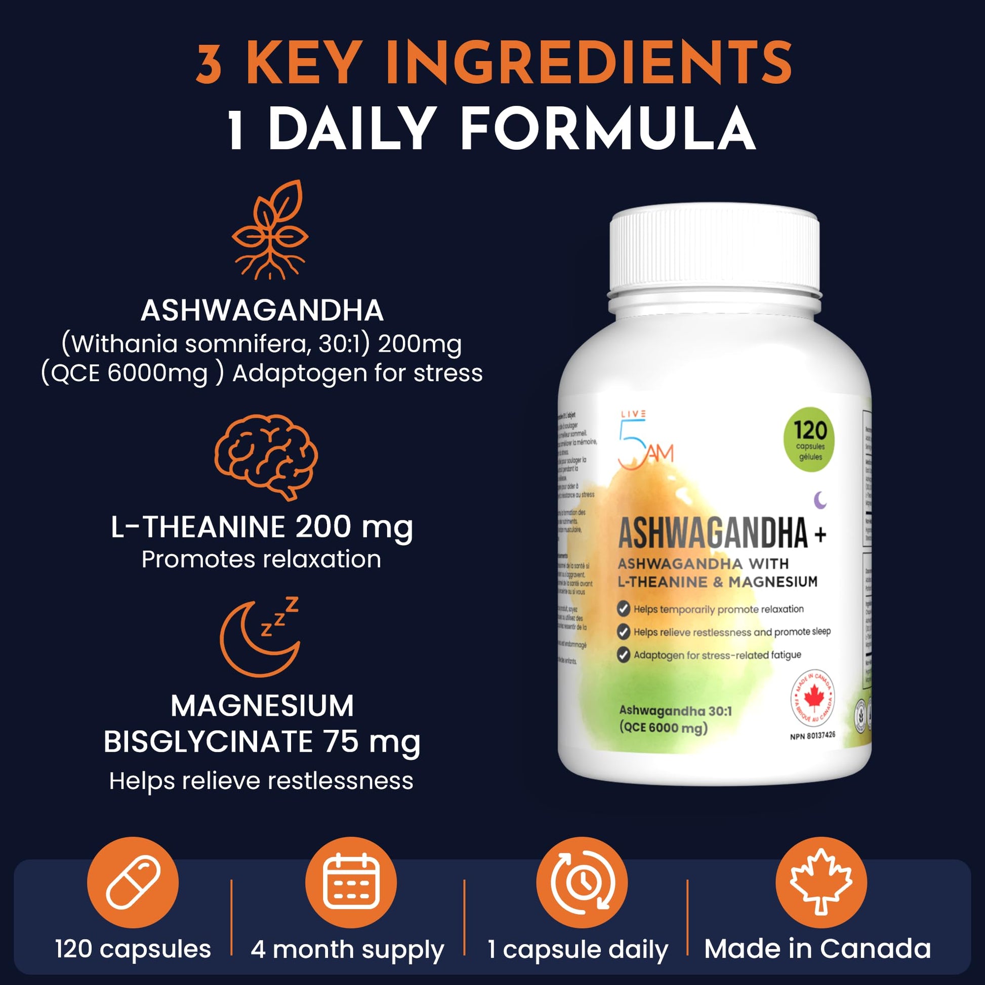 Live 5AM Ashwagandha 6000mg with L-Theanine 200mg, Magnesium Bisglycinate 75mg & Black Pepper Extract - Relaxation, Stress & Restlessness Support - 4 Month Supply, 120 Capsules - Made in Canada - Available at All In One Marketplace Canada
