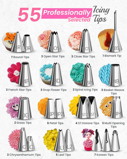 RFAQK 200 PCs Cake Decorating Kit with Cake Turntable-48 Numbered Easy to use Icing Tips-7 Korean Tips with Booklet & E.Book-Straight & Offset Spatula-Cake Leveler & Other Baking Supplies 🍁 All In One Marketplace Canada