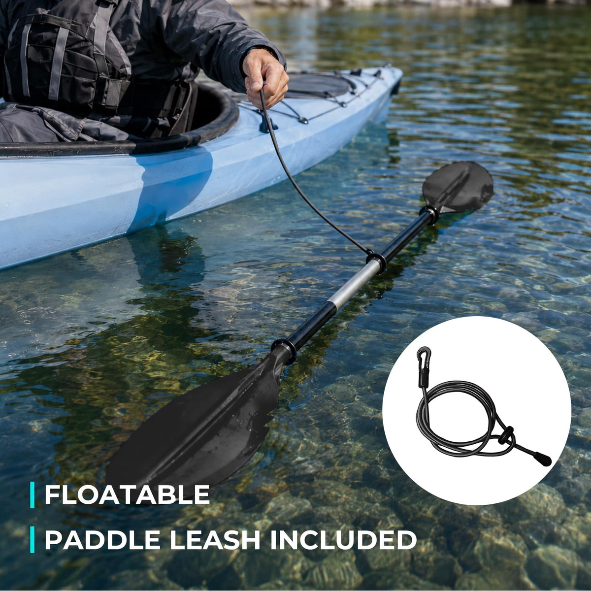 Overmont Kayak Paddle with Leash, 90.5 in/230 cm 2-Piece Aluminum Shaft