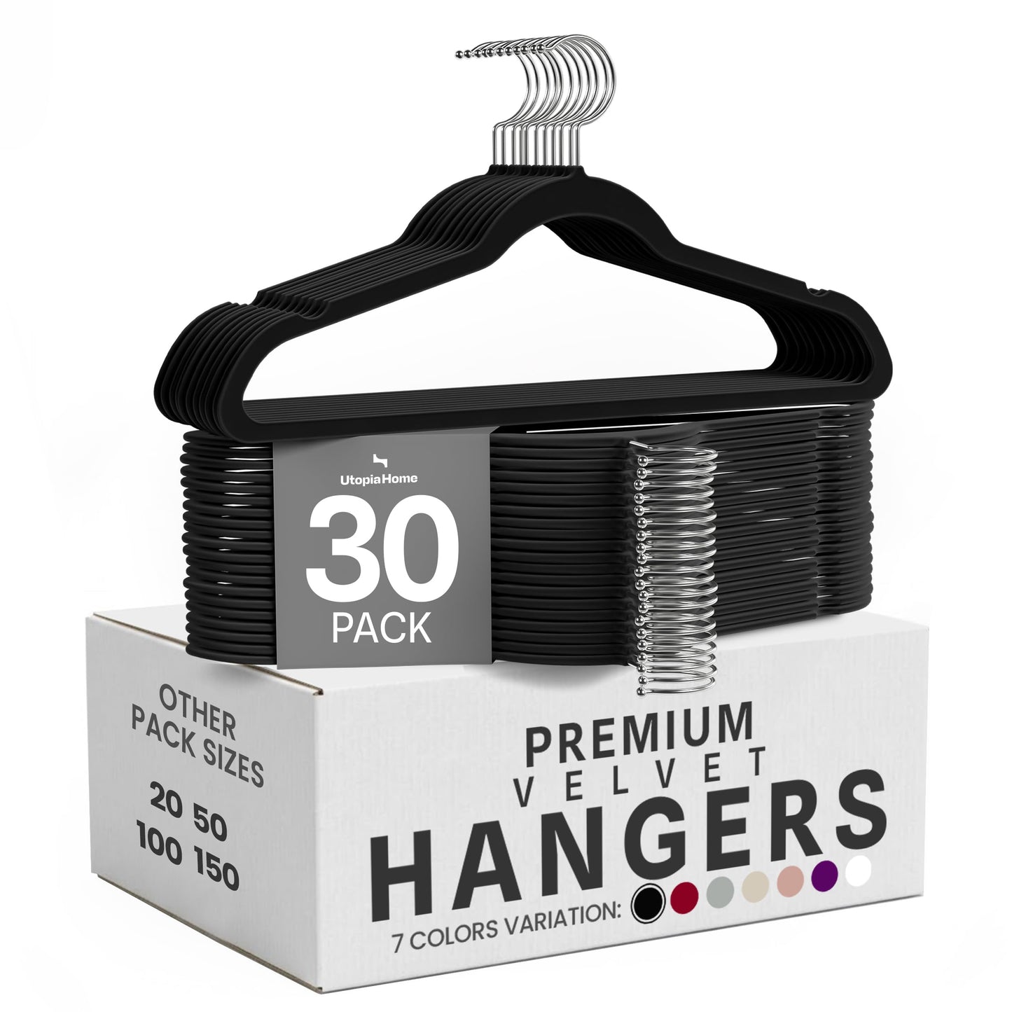 Utopia Home Velvet Hangers 30 Pack, Heavy Duty, Non-Slip, Space Saving Felt Clothes Hangers with 360° Hook & Notches (Black)