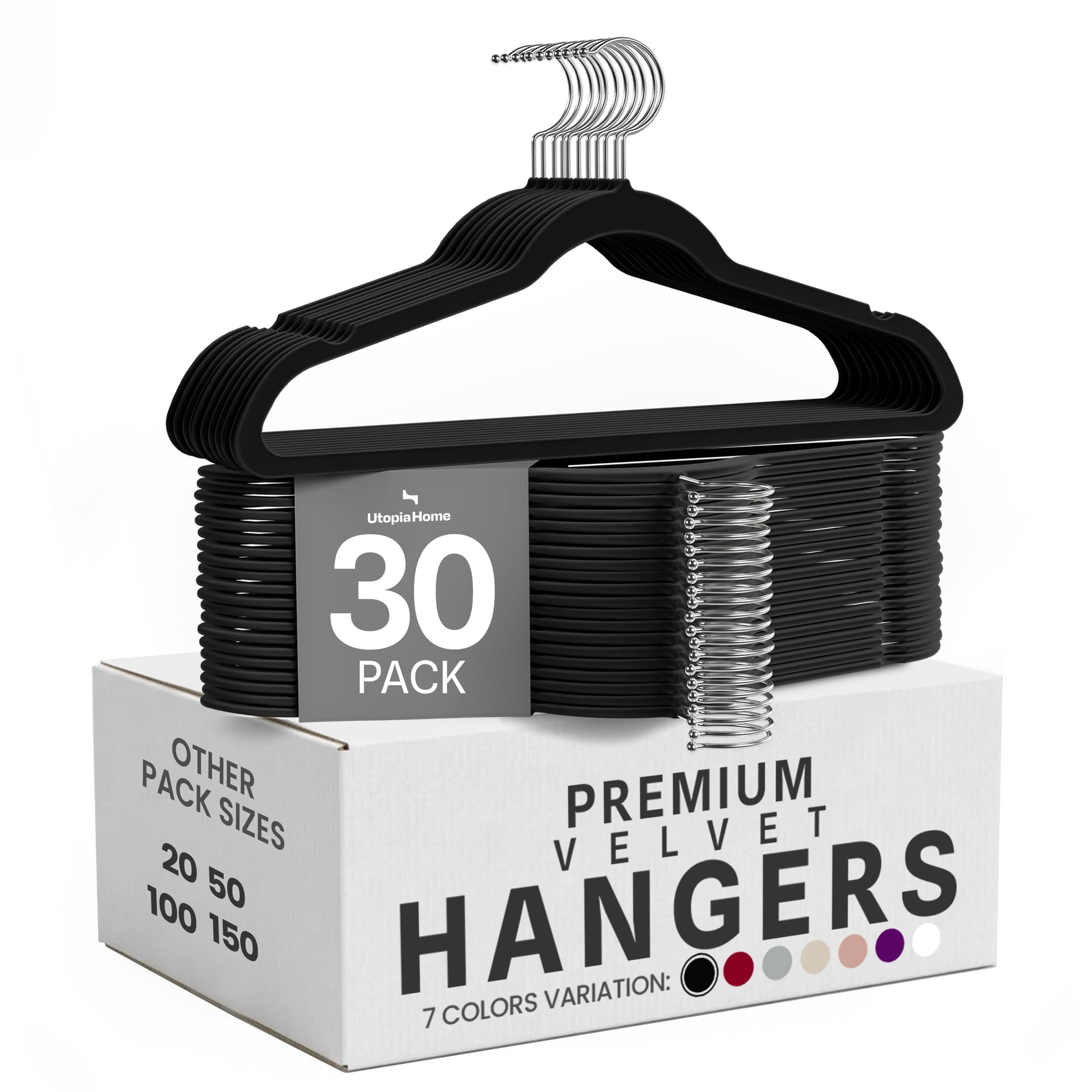 Utopia Home Velvet Hangers 30 Pack, Heavy Duty, Non-Slip, Space Saving Felt Clothes Hangers with 360° Hook & Notches (Black)