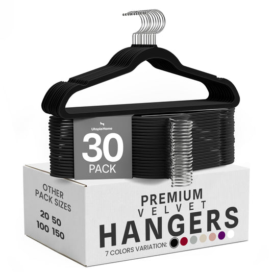 Utopia Home Velvet Hangers 30 Pack, Heavy Duty, Non-Slip, Space Saving Felt Clothes Hangers with 360° Hook & Notches (Black)