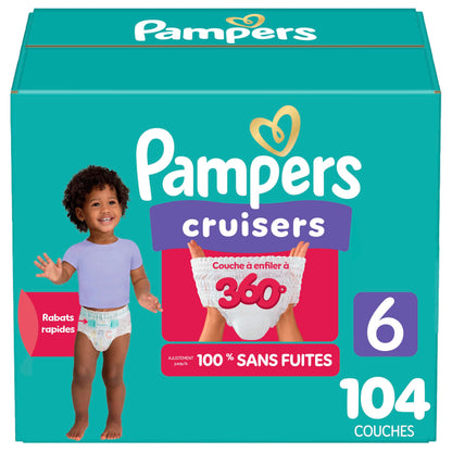 Pampers Diapers - Cruisers 360 degrees - Size 6, up to 100% Leakproof Fit, Designed for Active Babies, Pull On Diaper, EZ Off Tabs Designed for Easy Changes, 1 Pack (Count of 104)