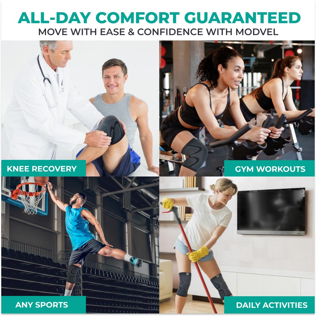 MODVEL 2 Pack Compression Knee Braces for Men & Women – Knee Support Sleeves for Sports, Workouts, Running, Weightlifting, Basketball, Volleyball – Joint Knee Pain Relief