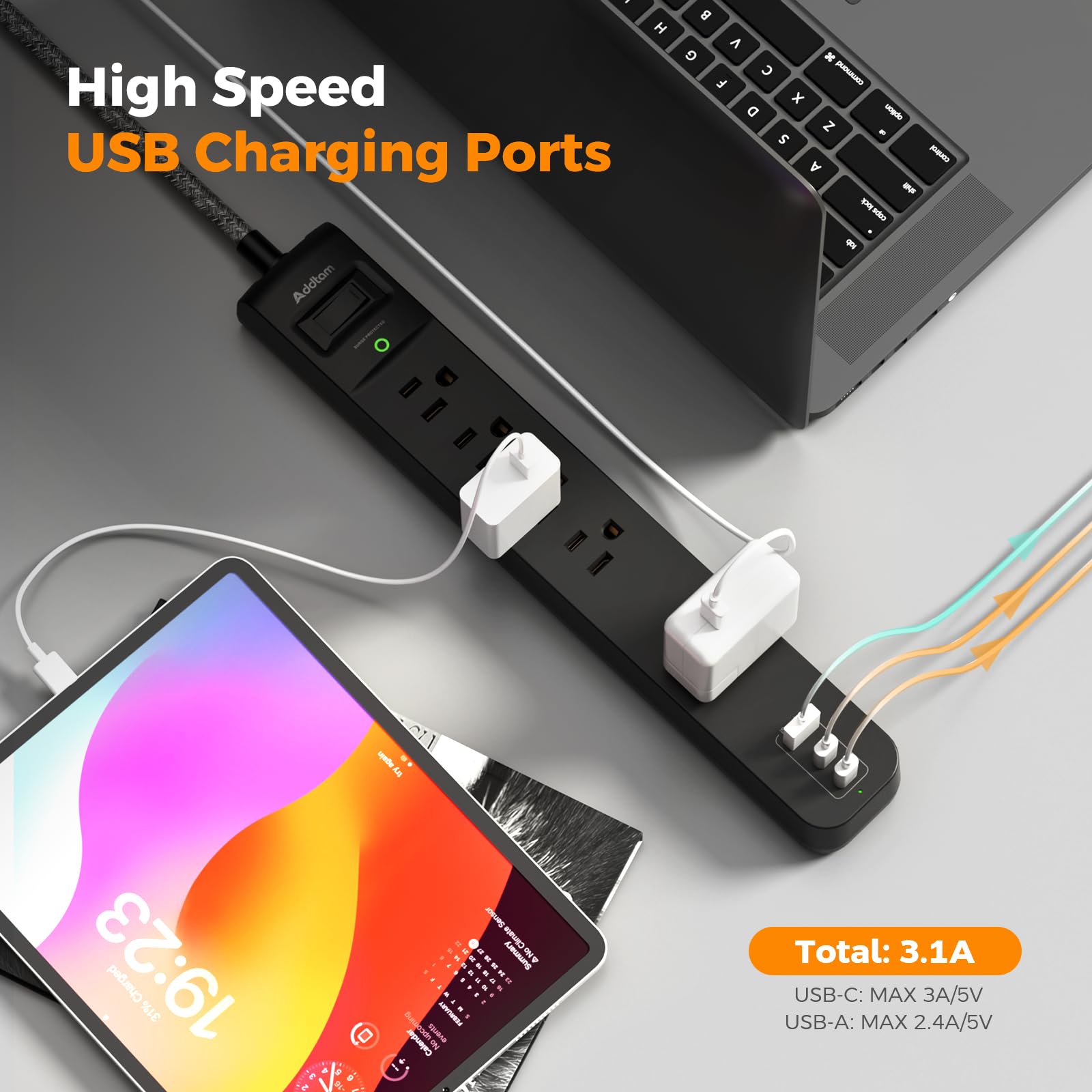 2 Pack Power Bar Surge Protector - 5 Widely Spaced Outlets 3 USB Charging Ports(2 USB C), 1875W/15A with 6Ft Braided Extension Cord, Flat Plug, Overload Surge Protection, Wall Mount for Home Office - Available at All In One Marketplace Canada