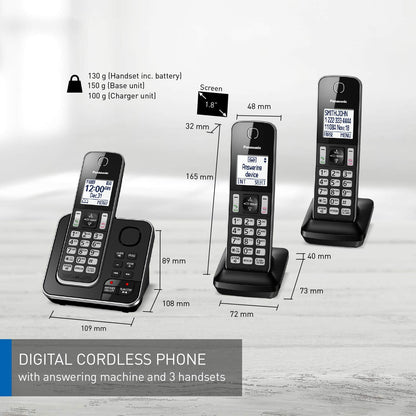 Panasonic DECT 6.0 Expandable Cordless Phone with Answering Machine and Call Block - 3 Cordless Handsets - KX-TGD393CB (Black)