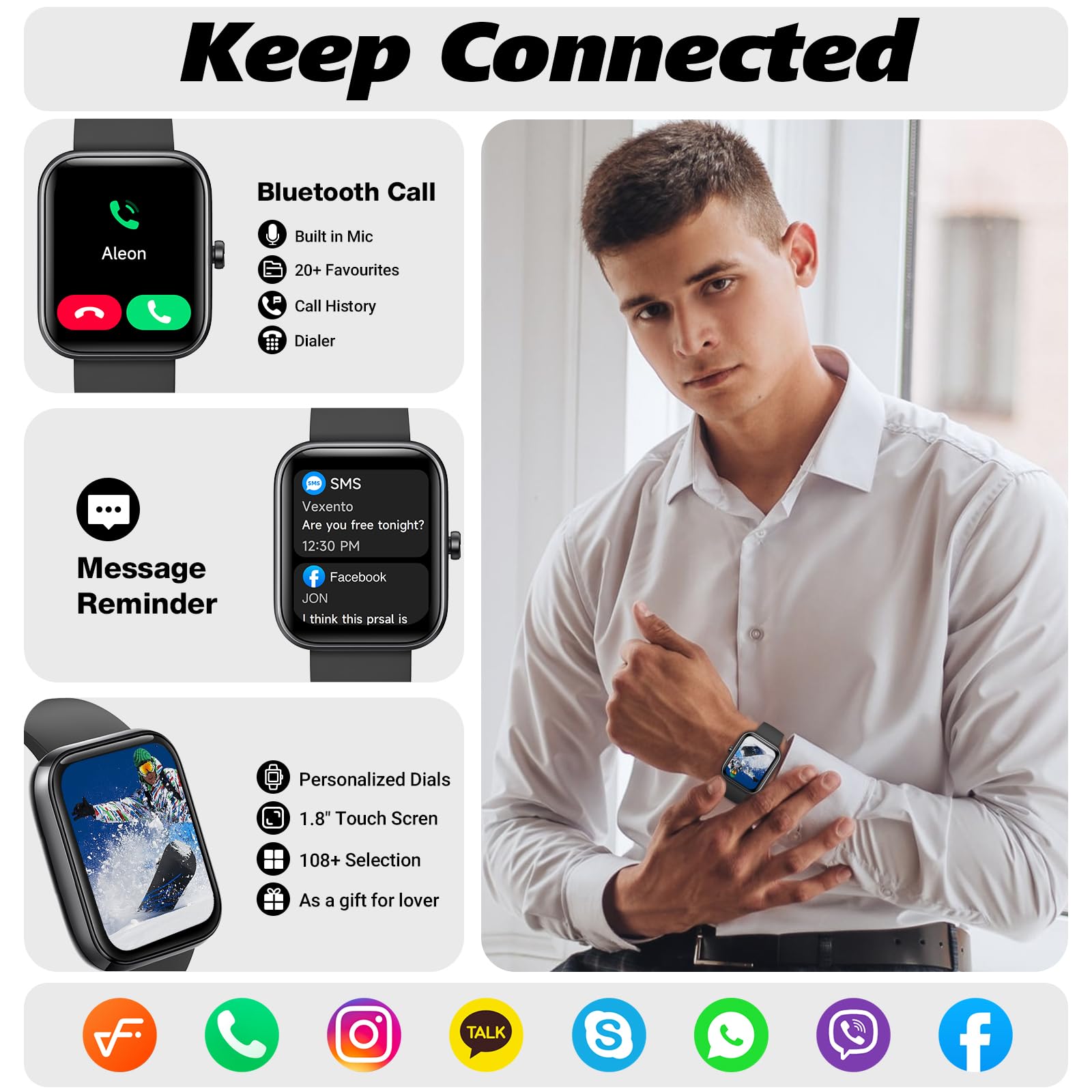 Smart Watch for Men Women with Bluetooth Call, Alexa Built-in, Heart Rate & Sleep Monitor, 1.83" DIY Dial Fitness Watch with 100+ Sport Modes, IP68 Waterproof, Compatible with Android iOS
