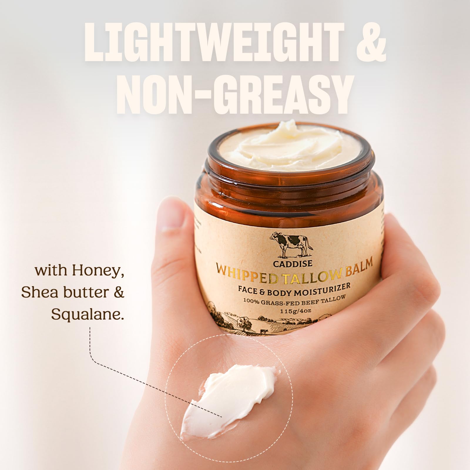 CADDISE Whipped Beef Tallow for Skin – 100% Grass-Fed Handmade Cream Moisturizer for Face & Body, Natural with Honey, Shea Butter, Jojoba Oil, Non-Greasy, Nourishing for Men, Women, Kids, 4 Oz - Available at All In One Marketplace Canada