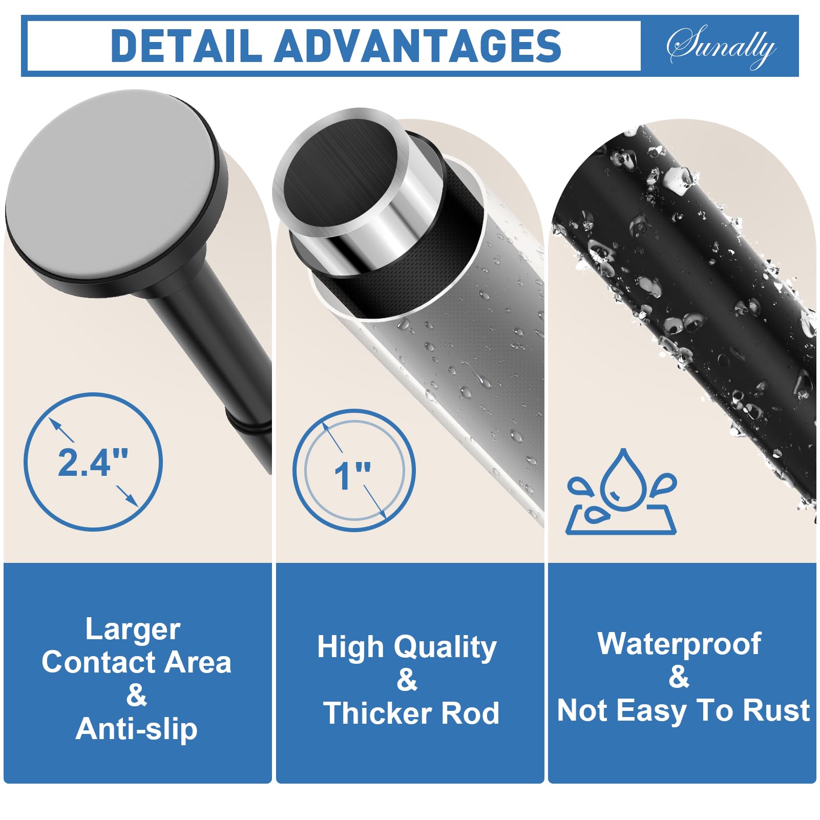 SUNALLY Shower Curtain Rod Adjustable 32-75 Inch, Spring Tension Shower Pole Rods Extendable Stainless Steel Telescoping Curtain Rod for Bathroom Windows Closet, No Drilling, No Slip, No Rust, Black - Available at All In One Marketplace Canada