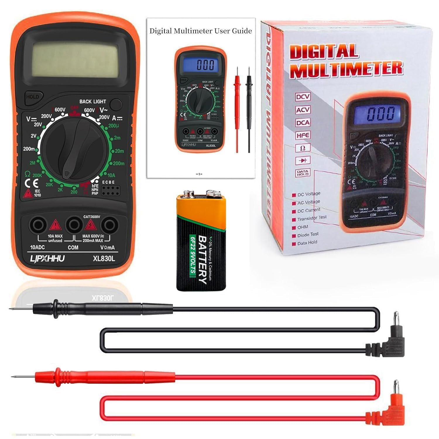 Digital Multimeter Voltmeter Battery Voltage Multi Tester AC DC Volt OHM Amp Current Meter Circuit Continuity Resistance Diode Electrical Tester with Test Leads Backlight LCD Display