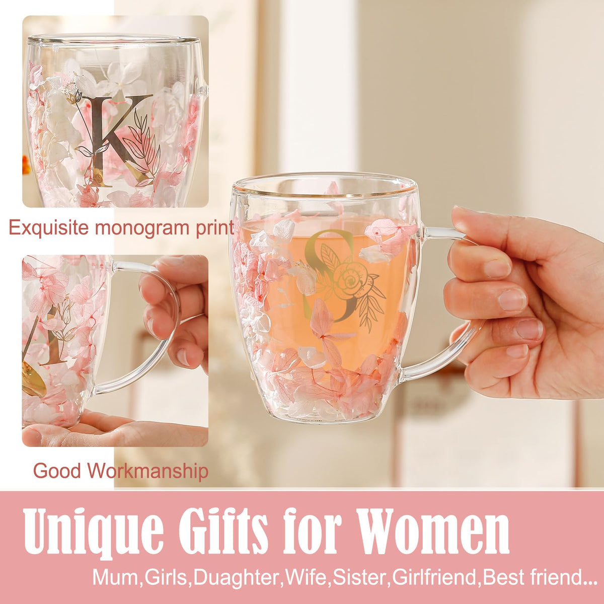 Gift for Women Cute Double Wall Glass Coffee Mug Tea Cup with Spoon Personalized Monogrammed Gift Birthday Christmas Valentine Mother's Day Christmas for Mom Wife Friends Stocking Stuffers (S) 🍁 All In One Marketplace Canada