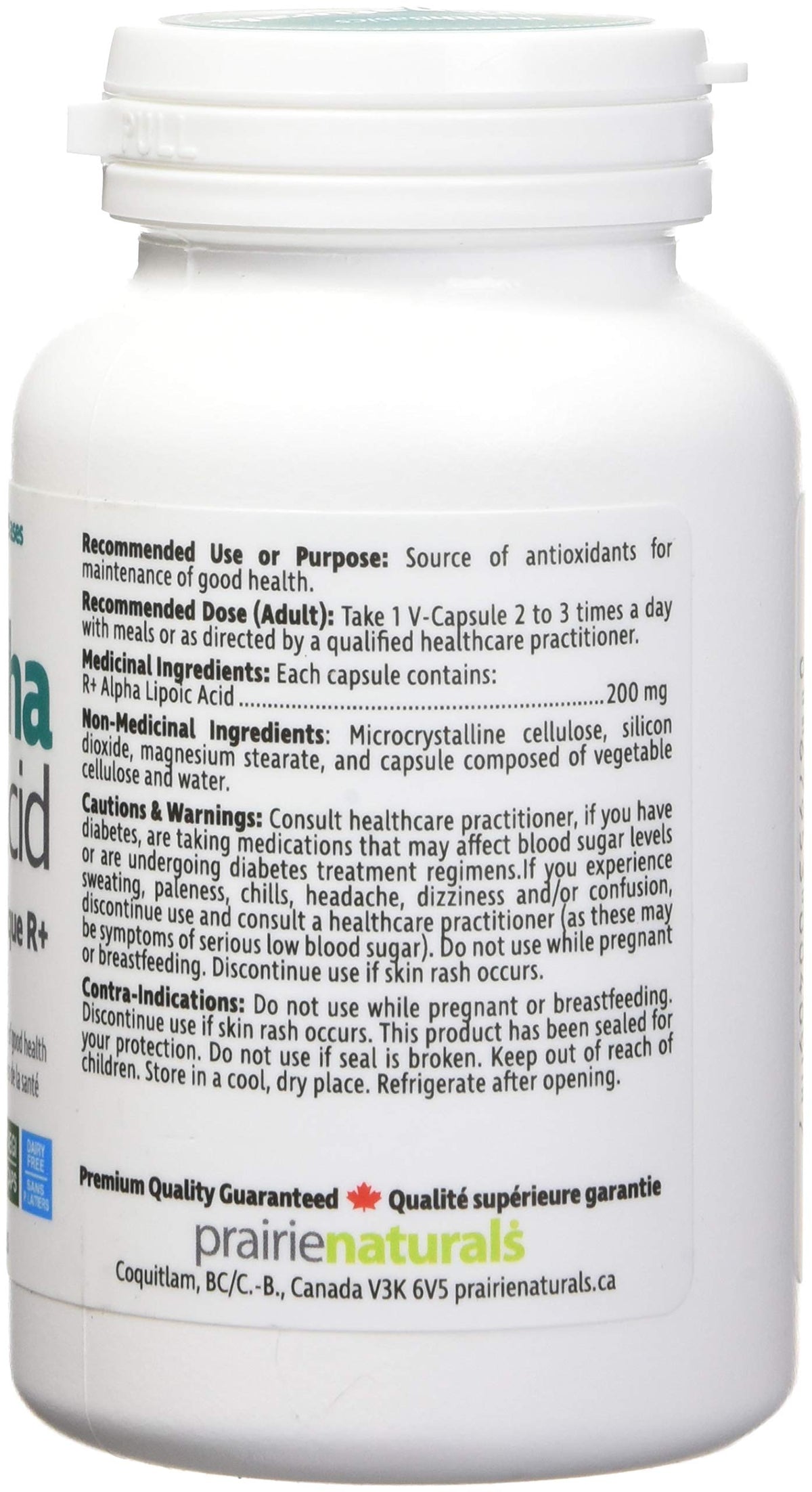 Prairie Naturals R(+) Alpha Lipoic Acid 200mg (R+ ALA) provides antioxidants for the maintenance of good health - 60 Vegan Capsules