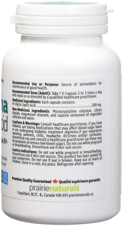Prairie Naturals R(+) Alpha Lipoic Acid 200mg (R+ ALA) provides antioxidants for the maintenance of good health - 60 Vegan Capsules