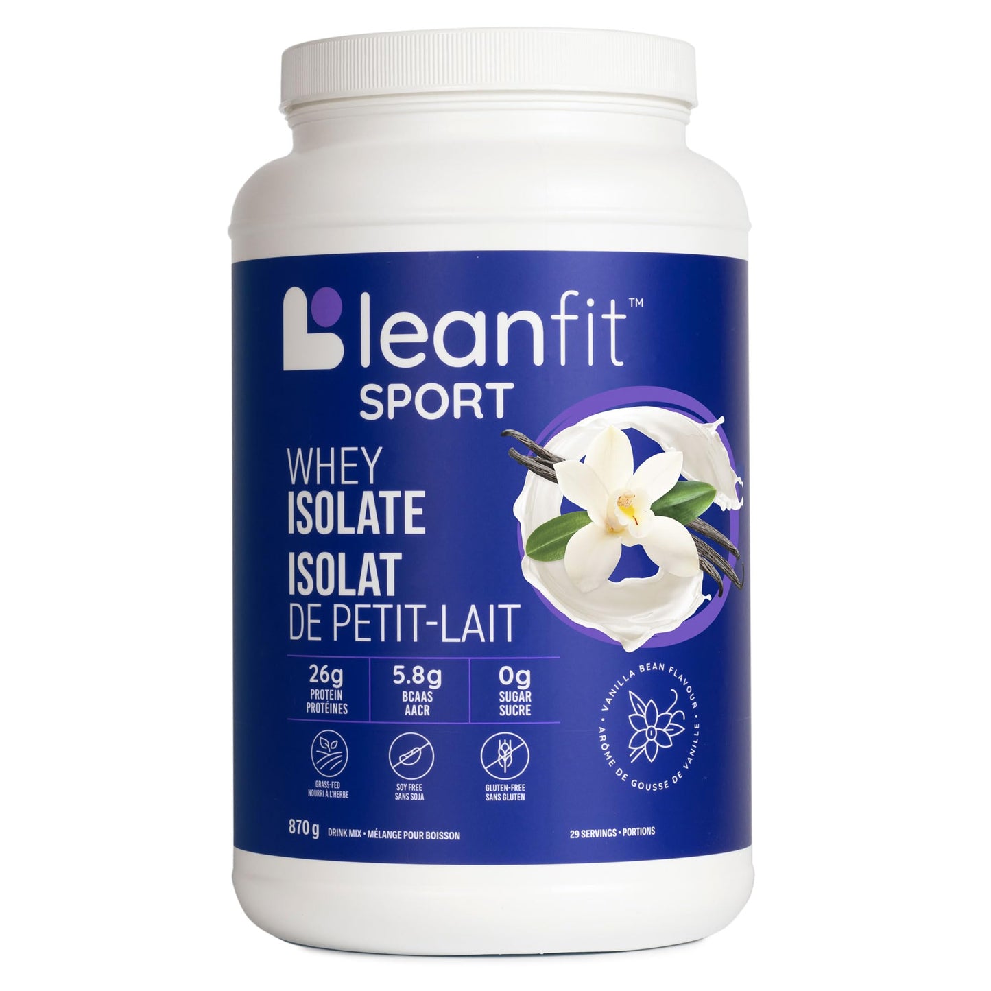 LeanFit Sport Grass-Fed Whey Protein Isolate Powder – Natural Vanilla, 26g Protein Per Serving, 29 Servings