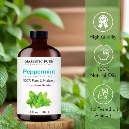 Majestic Pure Peppermint Essential Oil - Huge 118 ml - 100% Pure and Natural Oil for Soap Making Scent- Premium Grade with Glass Dropper