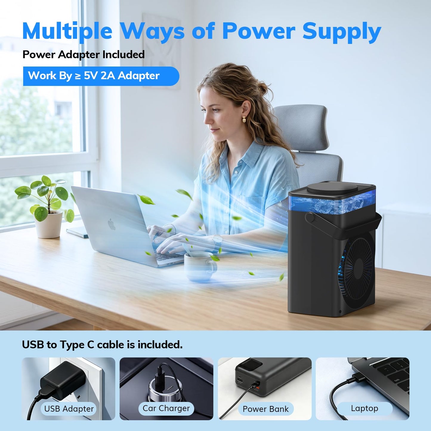 Portable Air Conditioner, Mini Air Conditioner Portable Cooling Fan with Remote Control, 3 Wind Speed & 3 Mist Level & 2-8H Timer Evaporative Air Cooler for Home Office Room, Black - Available at All In One Marketplace Canada