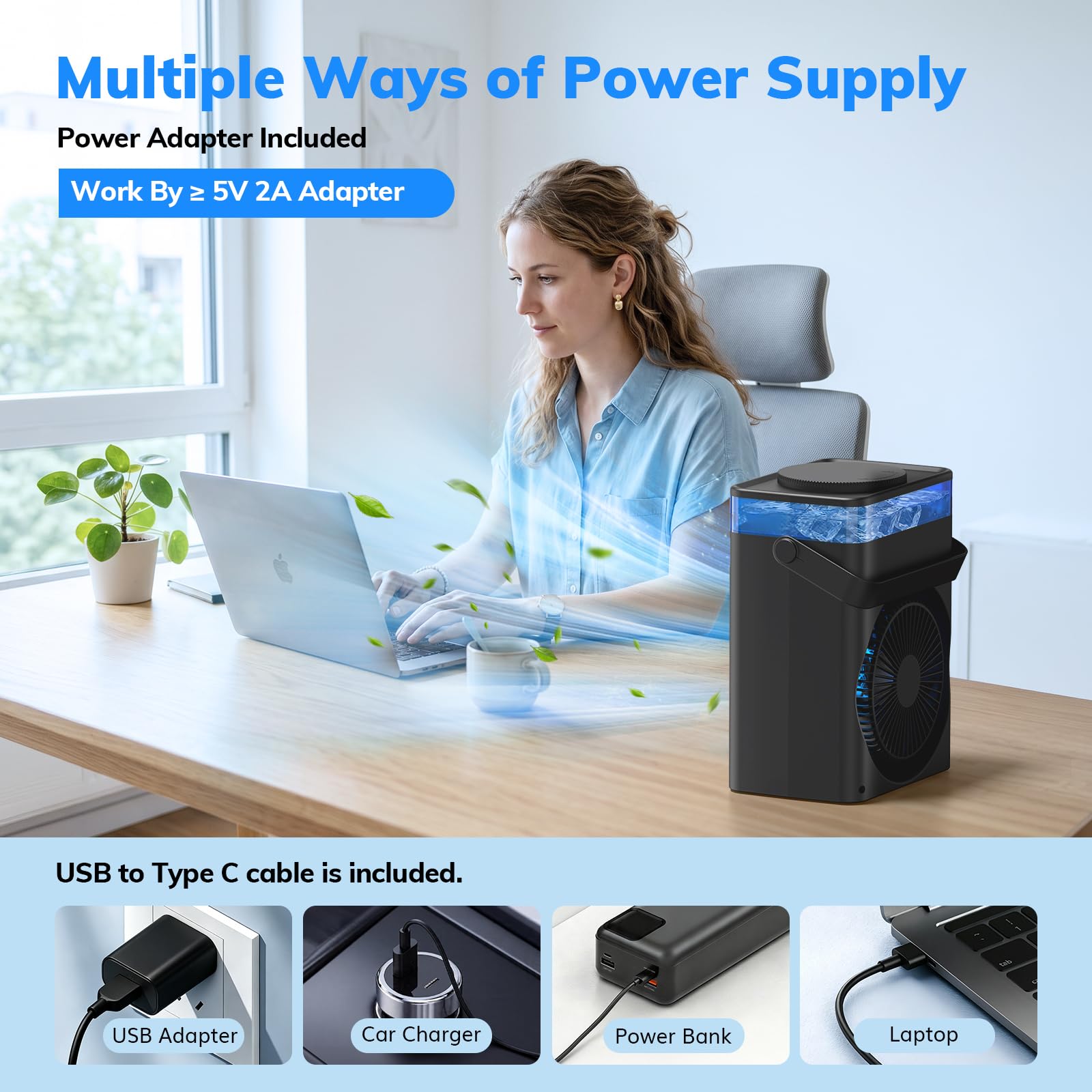 Portable Air Conditioner, Mini Air Conditioner Portable Cooling Fan with Remote Control, 3 Wind Speed & 3 Mist Level & 2-8H Timer Evaporative Air Cooler for Home Office Room, Black - Available at All In One Marketplace Canada