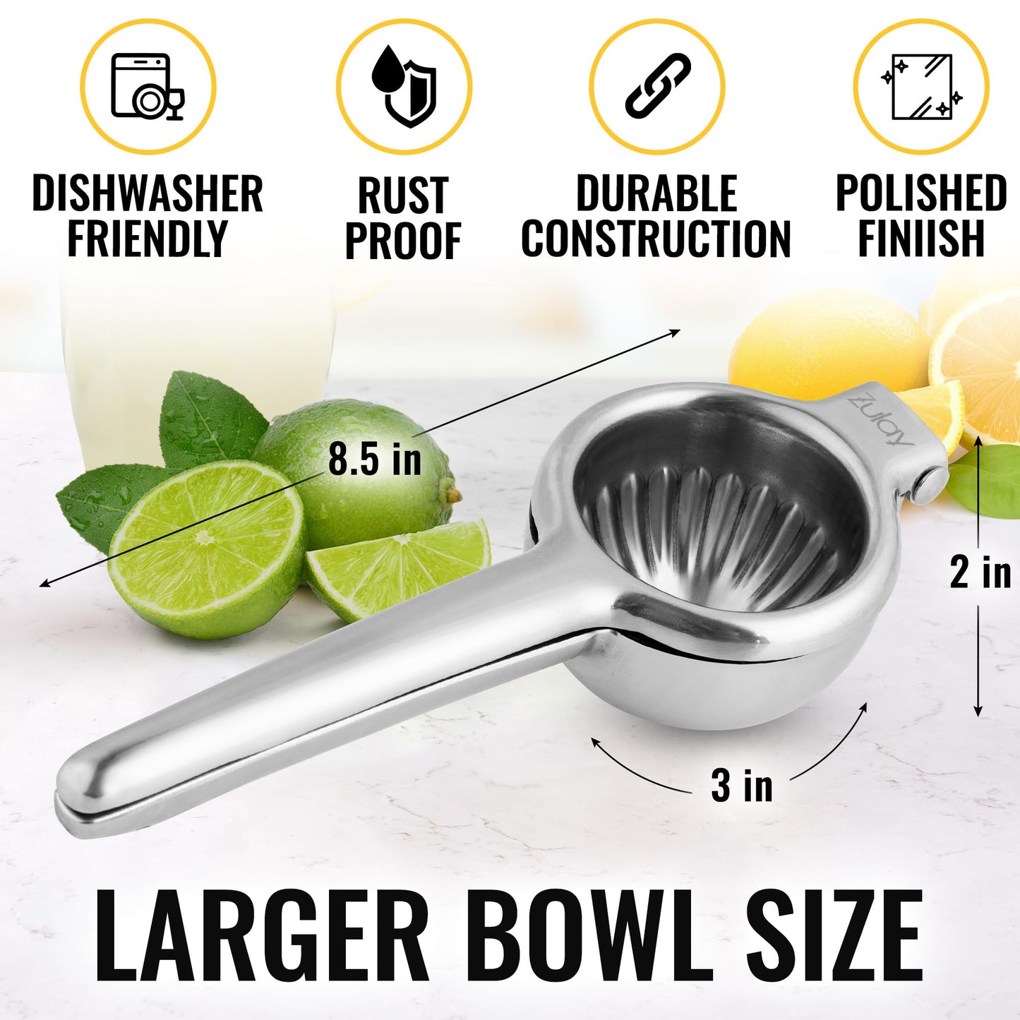 Zulay Large Lemon Squeezer Stainless Steel - Easy Squeeze Manual Heavy Duty Lemon Juicer Hand Press - Ergonomic Citrus Squeezer & Fruit Juicer for Small Oranges, Lemons, & Limes - Stainless Steel - Available at All In One Marketplace Canada