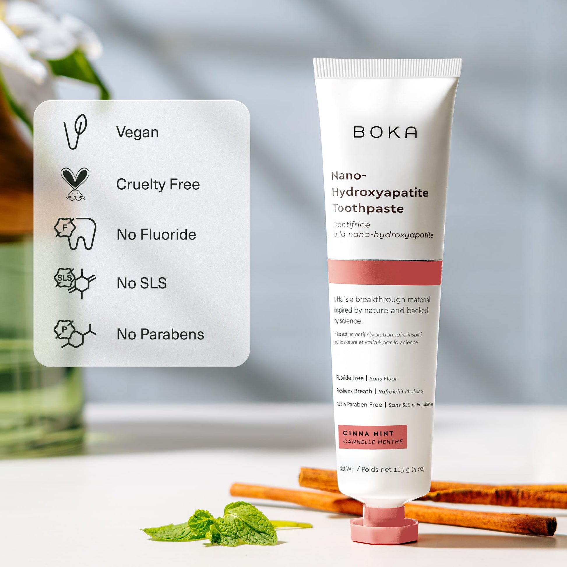 Boka Fluoride Free Toothpaste, Nano Hydroxyapatite Toothpaste, Appropriate for Sensitive Teeth - for Adult Oral Care - Cinnamon Mint Flavor, 4 Fl Oz (113g) 1Pk
