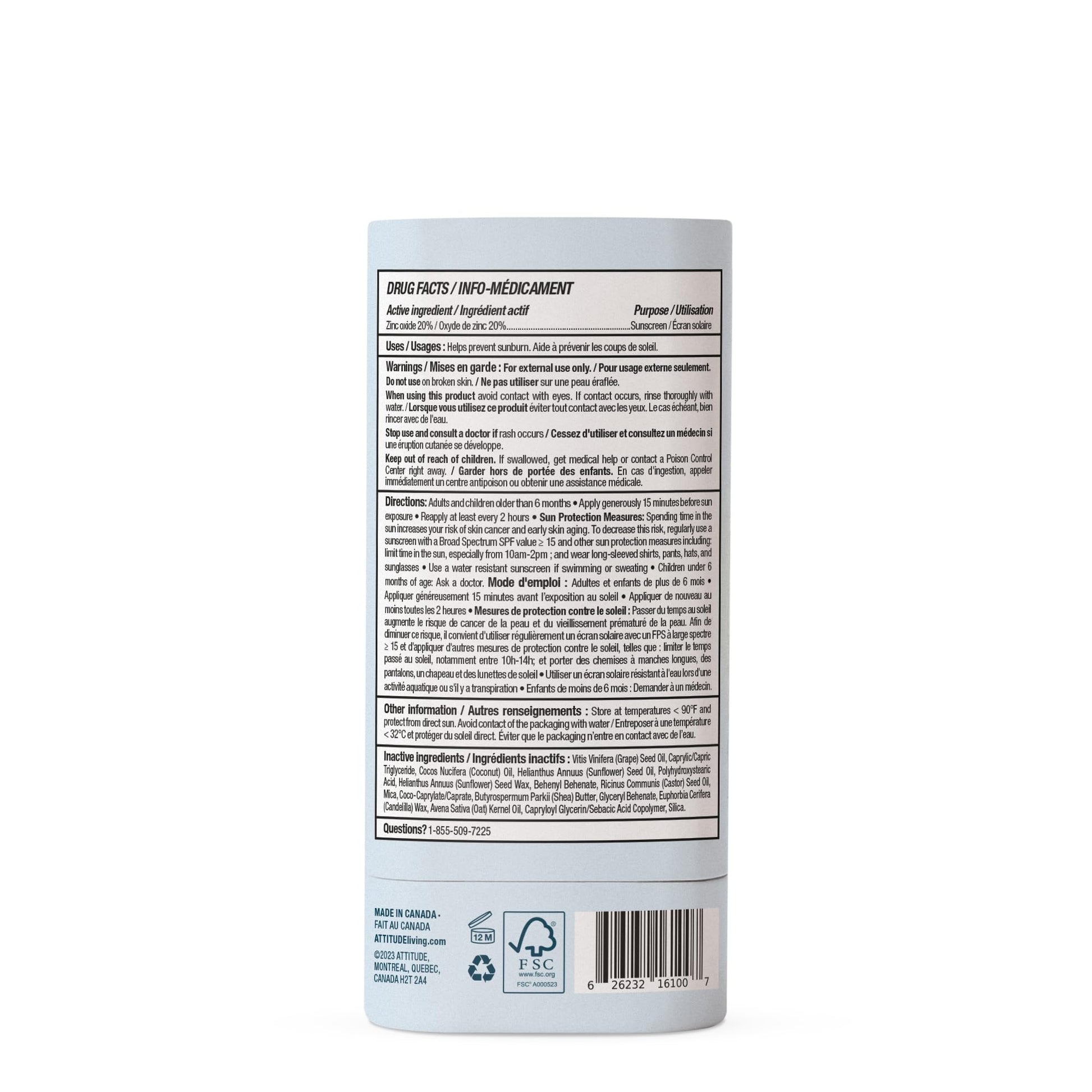 ATTITUDE Mineral Sunscreen Stick for Sensitive Skin, SPF 30, Made in Canada, EWG Verified, Plastic-Free, Broad Spectrum UVA/UVB Protection with Zinc Oxide, Dermatologically Tested, Vegan, Unscented, 60 grams ATTITUDE