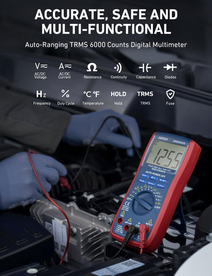 AstroAI Digital Multimeter 6000, Multi Meter - Measures Voltage, Current, Resistance, Continuity, Capacitance, Diode, Temperature – Voltmeter with Backlit LCD, Data Hold, Safety Rated CAT III, Blue