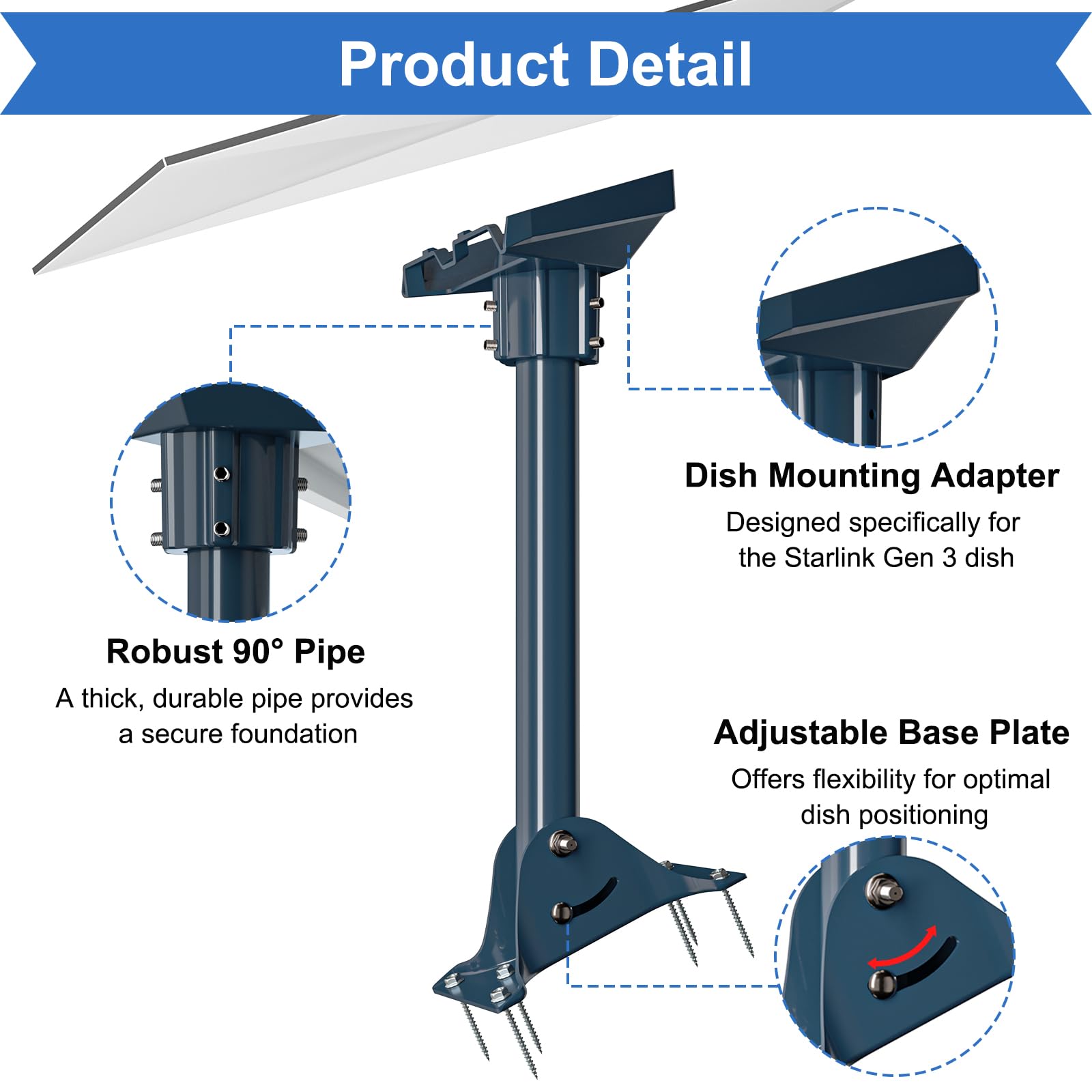 Starlink Gen 3/4/4X Mount Adapter Aluminum Alloy, 15.7" Heavy Duty Steel Pivot Pole Pipe with Adjustable Base (Roof Mount) - Available at All In One Marketplace Canada