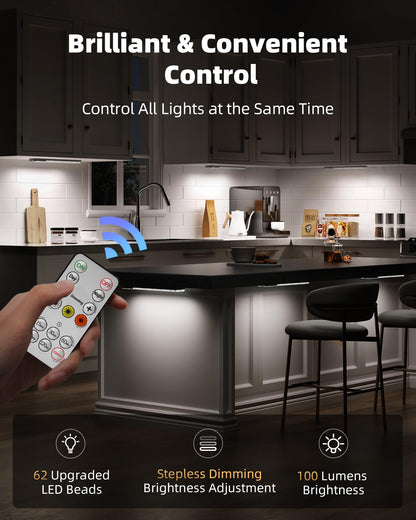 EZVALO 6-Pack Under Cabinet Lighting with Charging Station, Rechargeable Motion Sensor Lights, 3 Color Temps, Dimmable 62 LED Wireless Motion Activated Cabinet Lights with Remote for Kitchen,Pantry - Available at All In One Marketplace Canada