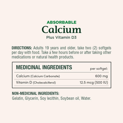 NATURE'S BOUNTY Calcium Plus Vitamin D3, Absorbable, 1200 mg, Helps Bones & Teeth, Softgels, 535 g - Available at All In One Marketplace Canada
