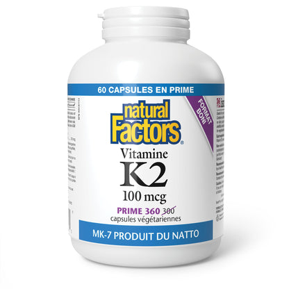 Natural Factors K2 Vitamin Supplement 100 mcg, VALUE SIZE, 360 Vegetarian Capsules, MK-7 from Natto Bean, Helps Support Bones, Vegan, Non-GMO, Proudly Canadian - Available at All In One Marketplace Canada