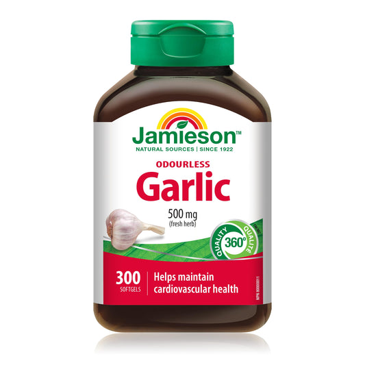 Jamieson Odourless Garlic 500 mg, Supports Heart Health, and Provides Immune Support. Non-GMO, Gluten-Free, 300 Softgels, Proudly Canadian - Available at All In One Marketplace Canada