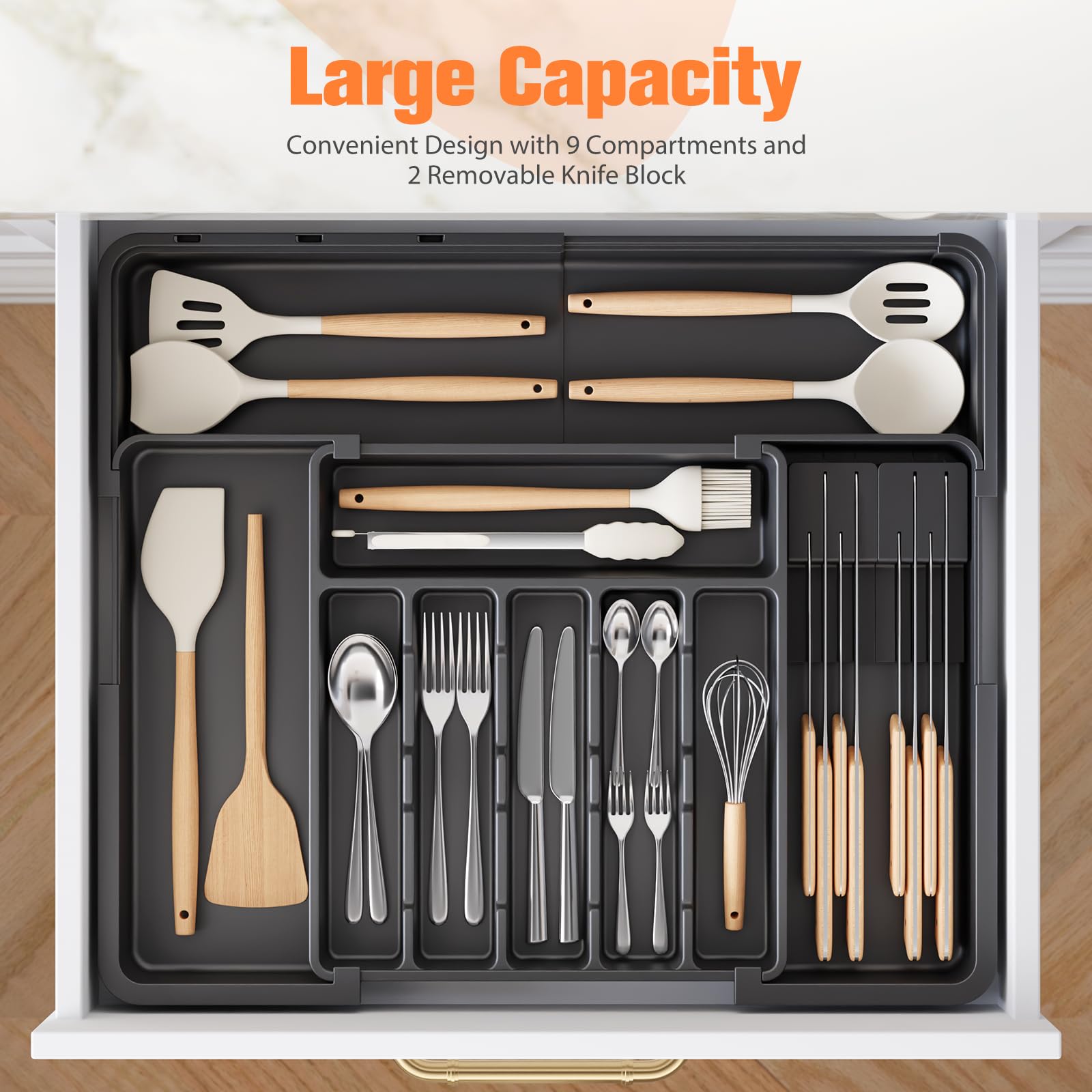 Ceecysaa Cutlery Organizer with 2 Removable Knife Blocks, Expandable Utensil Tray,Adjustable Cutlery Tray Drawer Organizer for Spoons, Knives, Kitchen Organizers and Storage,ABS,Black(6-9 Slots) - Available at All In One Marketplace Canada