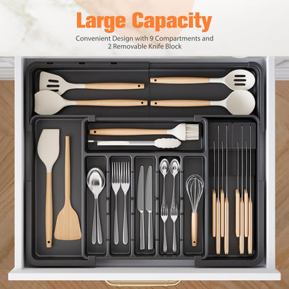 Ceecysaa Cutlery Organizer with 2 Removable Knife Blocks, Expandable Utensil Tray,Adjustable Cutlery Tray Drawer Organizer for Spoons, Knives, Kitchen Organizers and Storage,ABS,Black(6-9 Slots) - Available at All In One Marketplace Canada