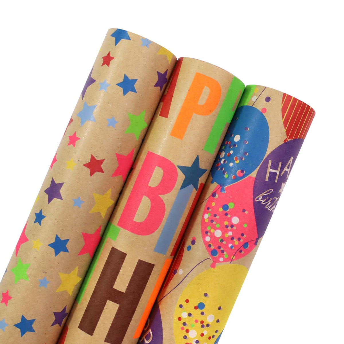 BIOBROWN Kraft Birthday Wrapping Paper 3 Rolls, Colorful Balloons & Star 🍁 All In One Marketplace Canada