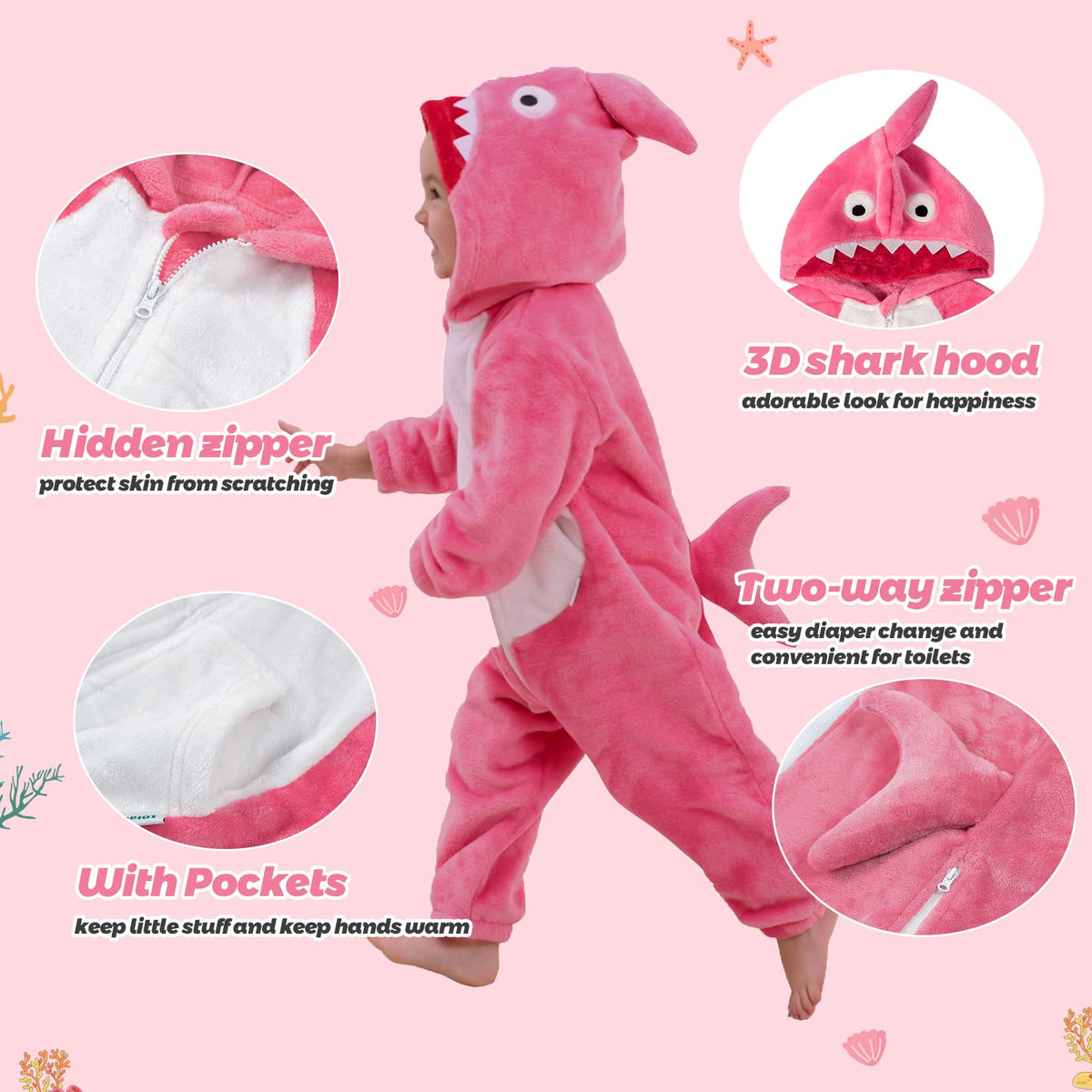 LOLANTA Toddler Boys Girls Shark Costume Hooded Flannel Romper, Pink, 2-3T 🍁 All In One Marketplace Canada