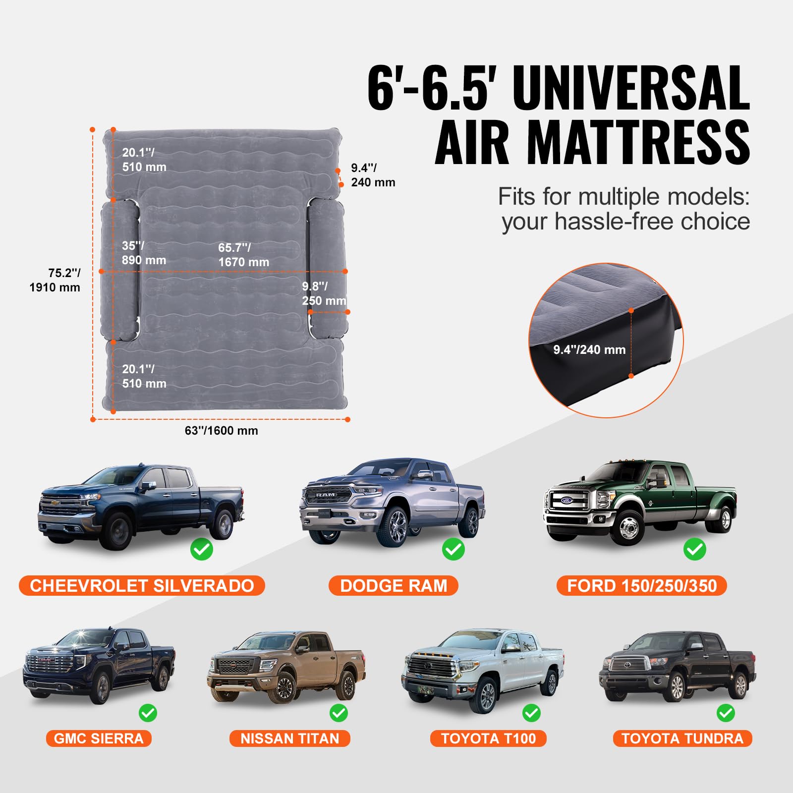VEVOR Truck Bed Air Mattress, for 6-6.5 ft Full Size Truck Beds, Inflatable Air Mattress Camping Bed with 12V Air Pump 2 Pillows, Carry Bag, for Chevrolet Silverado, Dodge Ram, Ford 150/250/350 VEVOR