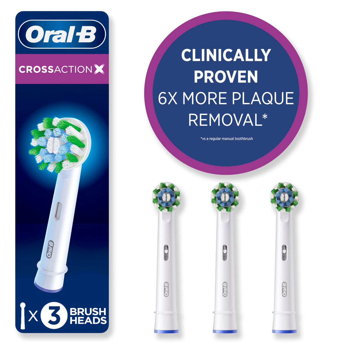 Oral-B CrossAction XFilaments Electric Toothbrush Replacement Brush Heads Refill, White, 3 Count
