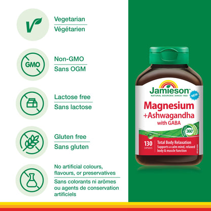 Jamieson Magnesium & Ashwagandha with GABA, Promotes Relaxation, Stress Relief, Sleep Support, Improves Memory, Support Muscle Function, Vegetarian, NON-GMO, Oxide Free, 130 Capsules