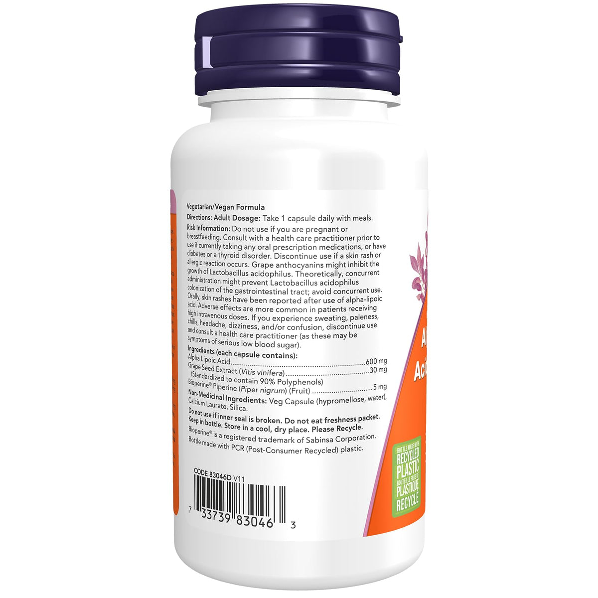NOW Supplements, Alpha Lipoic Acid 600 mg with Grape Seed Extract & Bioperine, Extra Strength, 60 Veg Capsules