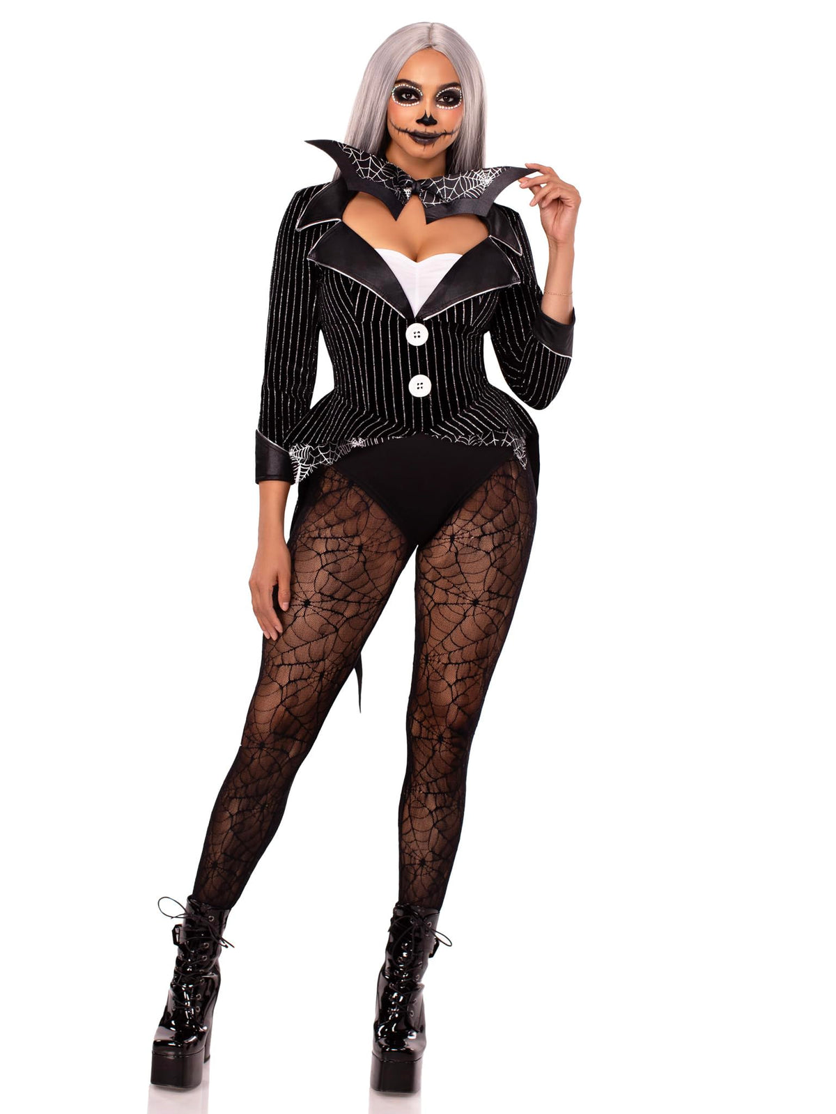 Leg Avenue 2 PC Halloween Baddie Costume, Includes Striped Velvet Bodysuit with Snap Crotch and Wing Bow Tie, Medium, BLACK