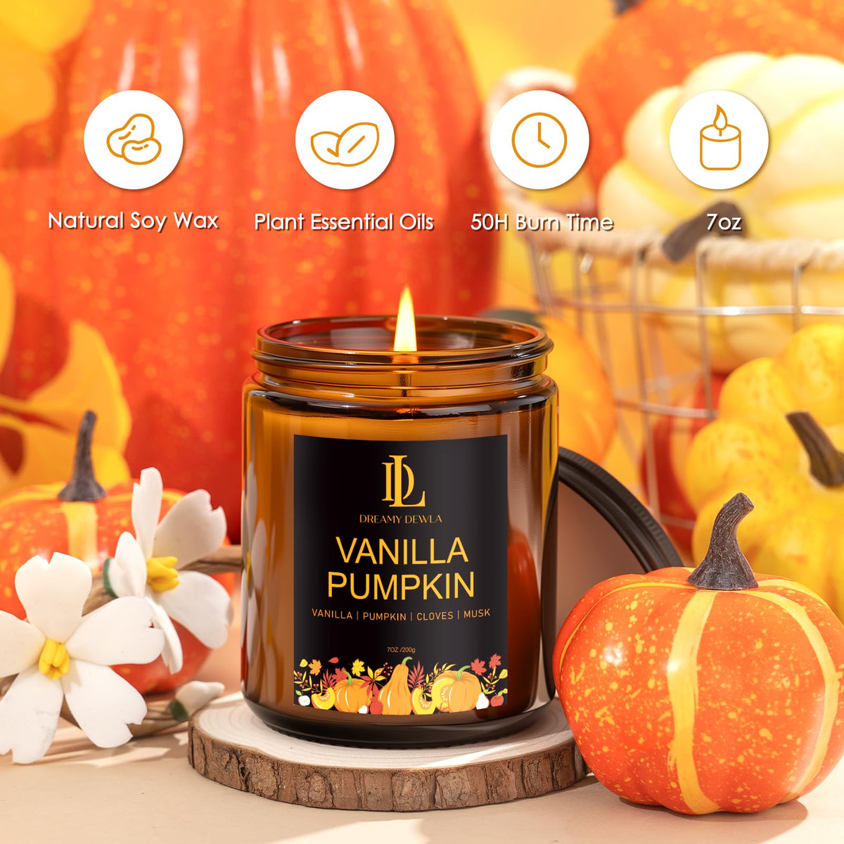 DL DREAMY DEWLA Fall Candle, Vanilla Pumpkin Scented for Home, 7oz Soy Wax 🍁 All In One Marketplace Canada