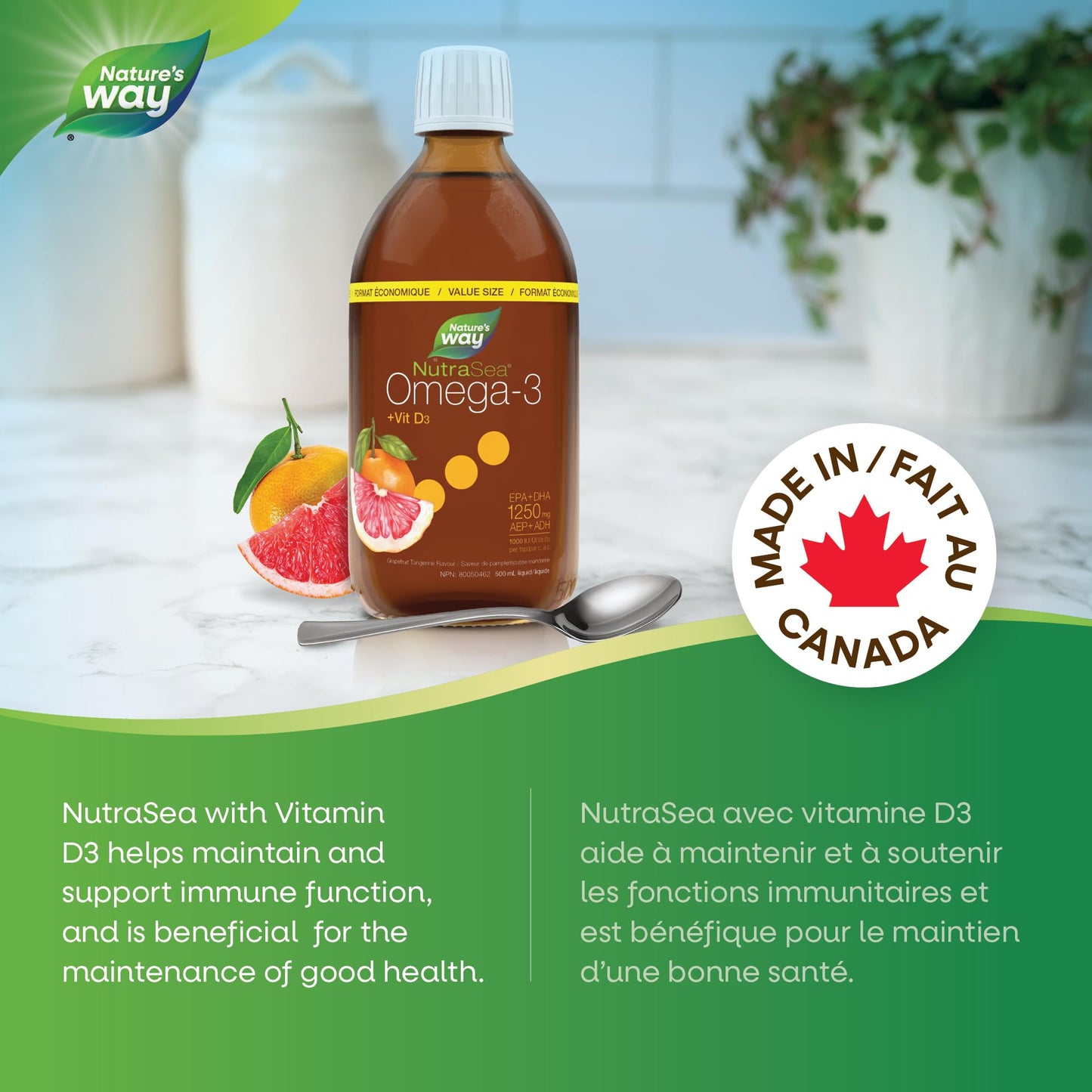 Nature's Way NutraSea Omega 3 + Vitamin D Fish Oil Liquid Supplement – Grapefruit Tangerine Flavour – Heart, Brain, Bone & Immune Support – EPA & DHA + 1000IU D3, 500 mL - Available at All In One Marketplace Canada