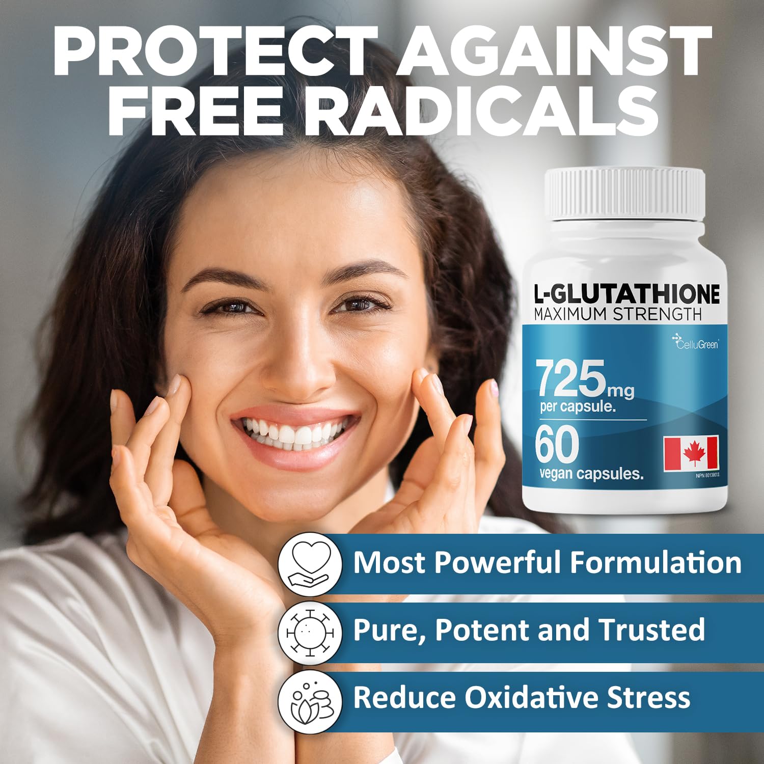 CelluGreen 725mg L-Glutathione MOST POWERFUL AVAILABLE Antioxidant Support for Cellular Health, Liver Detox, Skin & Immune Health, Vegan, Made in Canada. 60 Capsules - Available at All In One Marketplace Canada