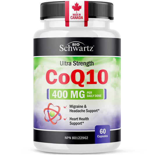 CoQ10 Supplement | Ultra Strength 400MG Per Daily Dose | Migraine, Headache & Heart Health Support | Coenzyme Q10 to Reduce Migraine Frequency & Support Cardiovascular Health | Made in Canada & Non-GMO | 30 Day Supply | 60 Ct - Available at All In One Marketplace Canada