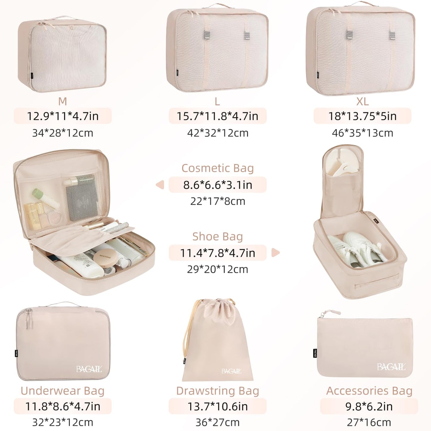 BAGAIL 8 Set Packing Cubes, Lightweight Travel Luggage Organizers with Shoe Bag, Toiletry Bag & Laundry Bag (Cream) - Available at All In One Marketplace Canada
