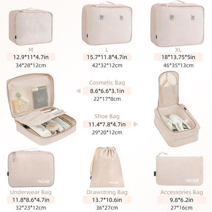 BAGAIL 8 Set Packing Cubes, Lightweight Travel Luggage Organizers with Shoe Bag, Toiletry Bag & Laundry Bag (Cream) - Available at All In One Marketplace Canada