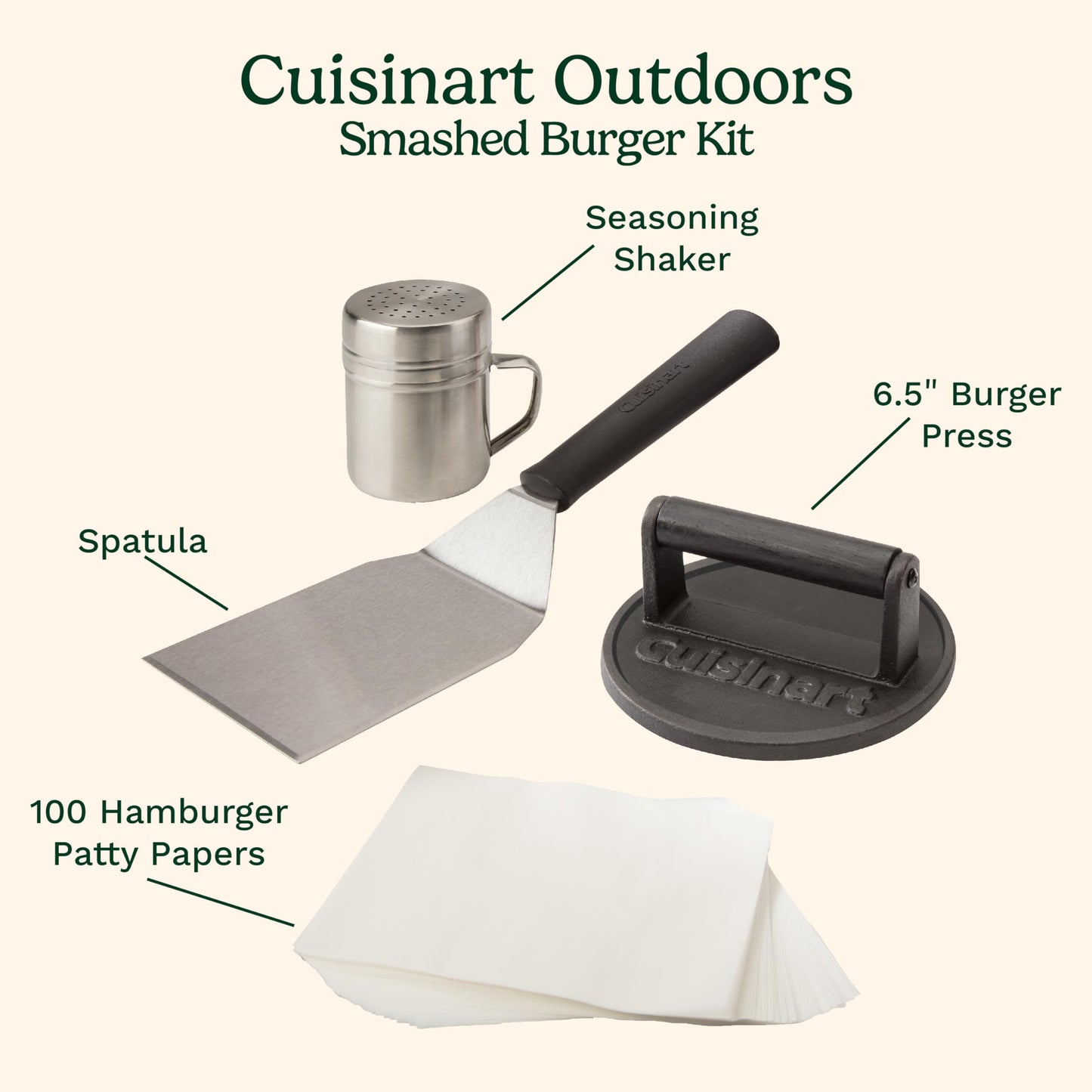 Cuisinart Smash Burger Kit with Cast Iron Burger Press, Spatula, Seasoning Shaker and Patty Papers (CSBK-400C) - Available at All In One Marketplace Canada