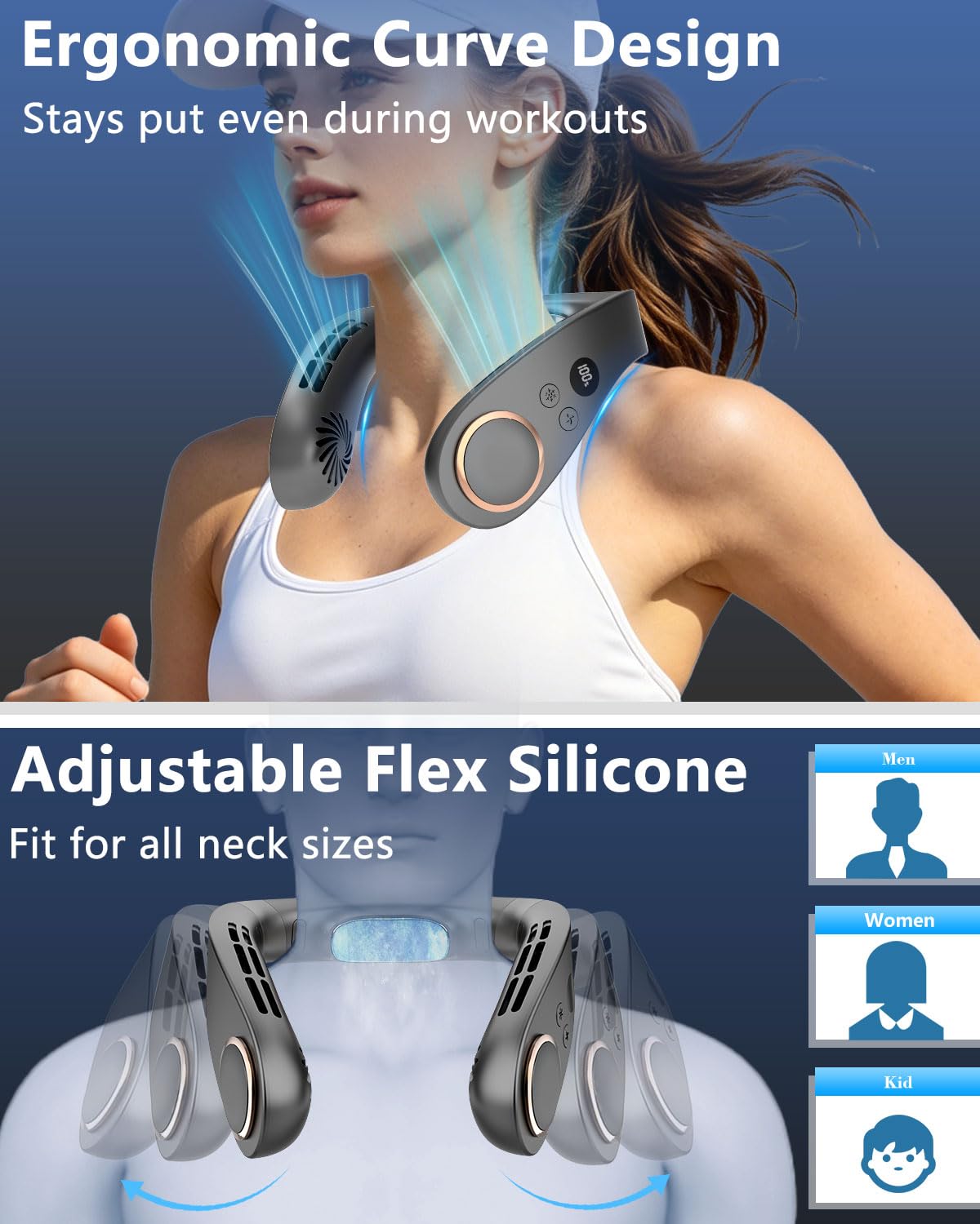 Neck Fan with Cooling Plate-5500mAh Rechargeable, Ultra Quiet Operation, 5 Speeds & 3 Cooling Modes, USB-C Fast Charging, LED Display Battery & Speed, Bladeless Wearable Neck Cooler for Travel Black - Available at All In One Marketplace Canada