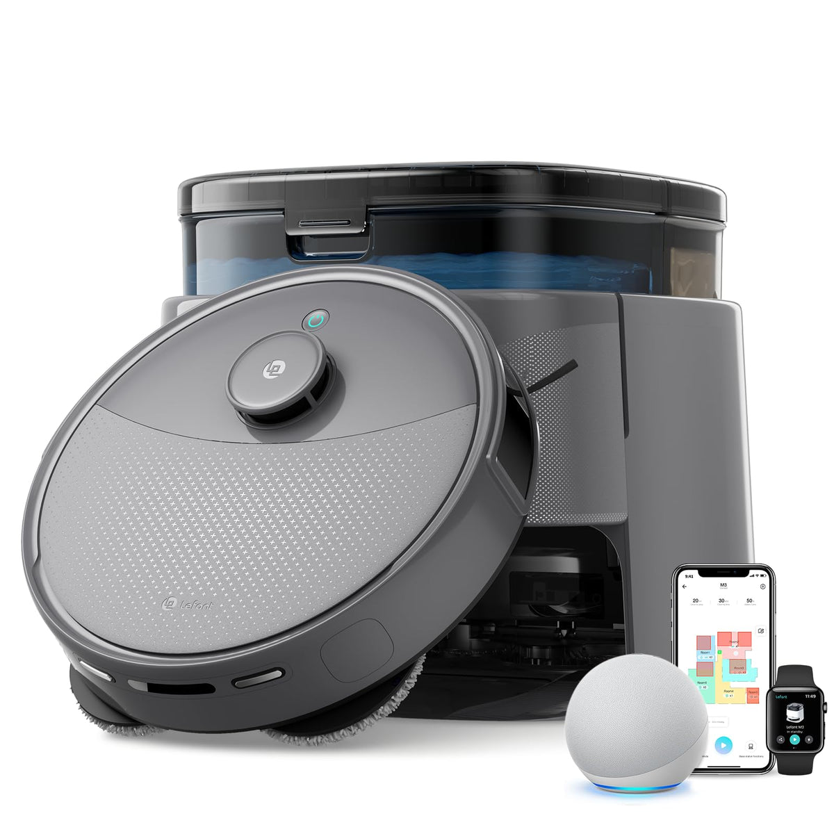 Lefant M3 Max Robot Vacuum and Mop,20000Pa Suction,Anti-Tangle Brushes, Smart Obstacle Avoidance,Auto Mop Washing,All-in-One Dock,9mm Mop Lifting,200RPM Spinning Mops, Smart Obstacle Avoidance,Gray