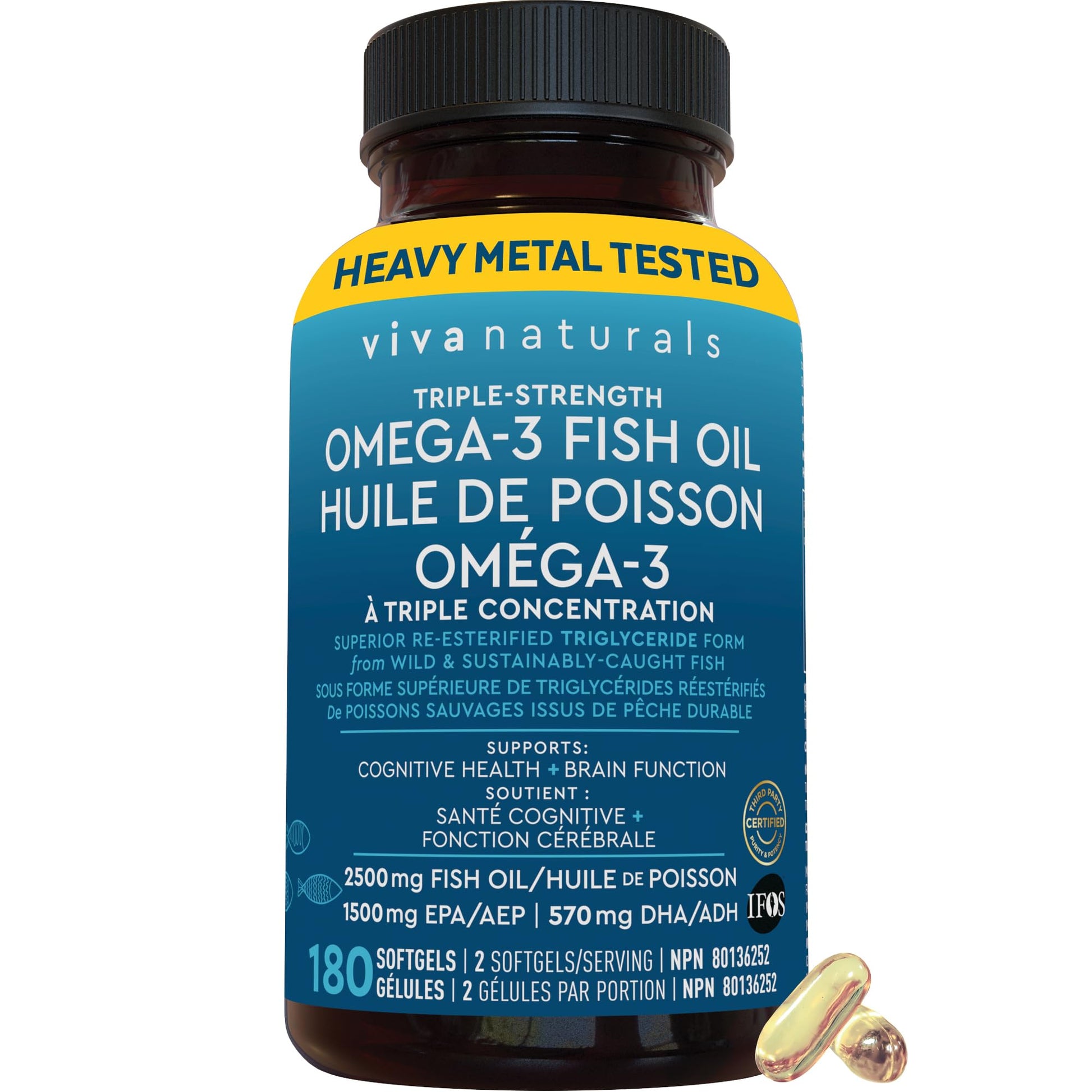Omega 3 Fish Oil Supplements – 2500 mg High Potency Fish Oil with 1500 mg EPA & 570 mg DHA Omega 3 Fatty Acids in rTG Form for Better Absorption, No Fishy Aftertaste, IFOS Certified, 180 Softgels